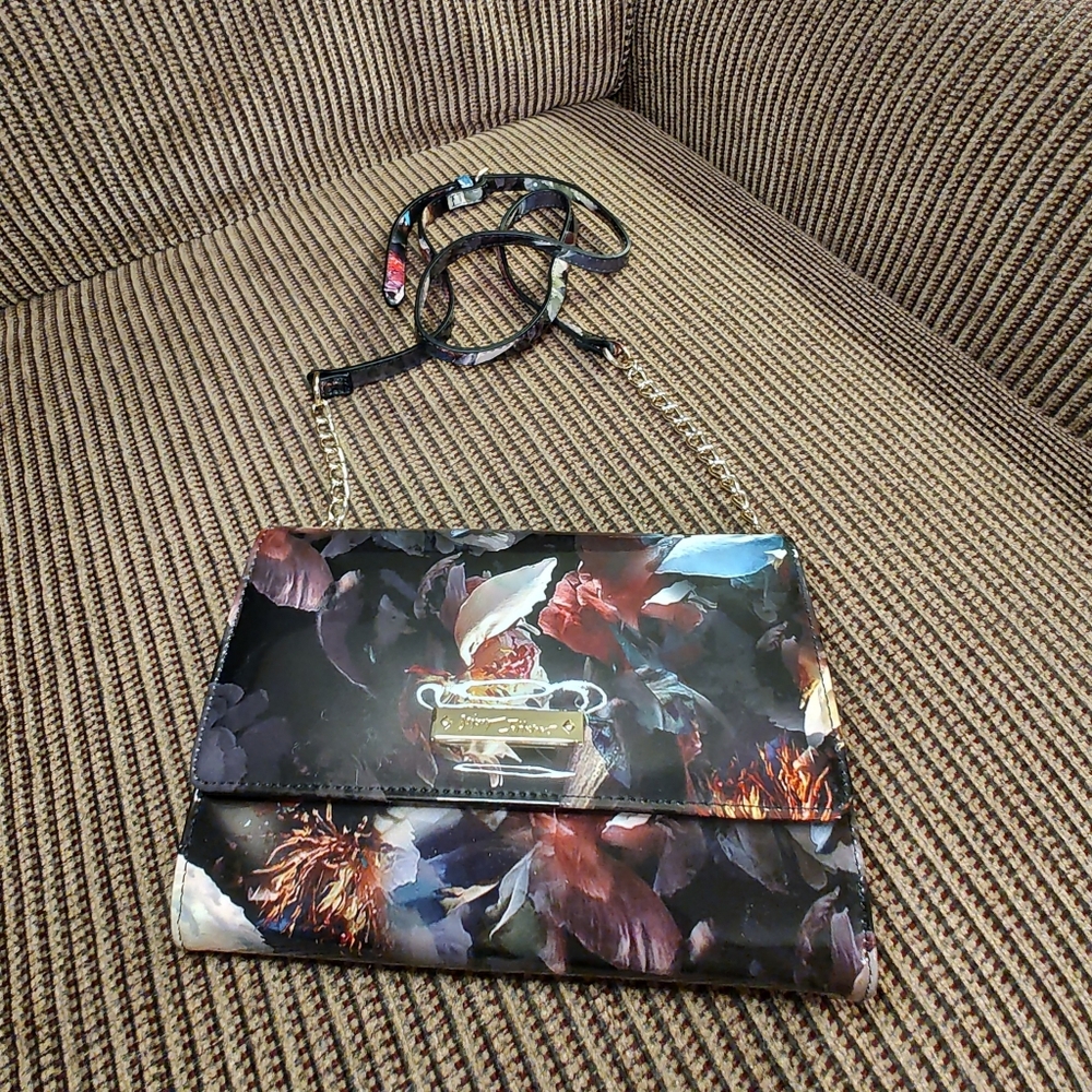 Betsey Johnson Handbag Crossbody Wallet With Black Floral Pattern EUC